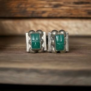 Vintage Marked Silver Carved Green Stone Earrings Screw Back Bubble Square